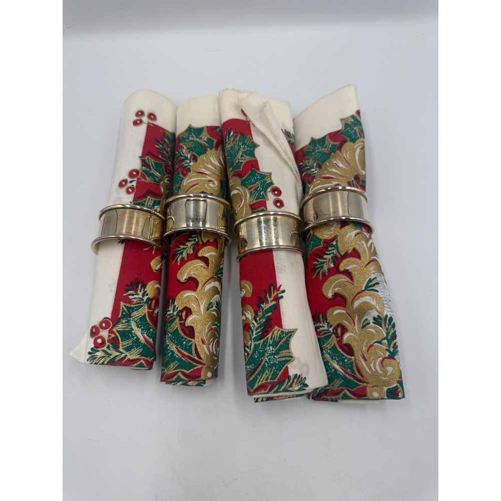 Silver Plated Napkin Rings and Christmas Holly Napkins Set 4